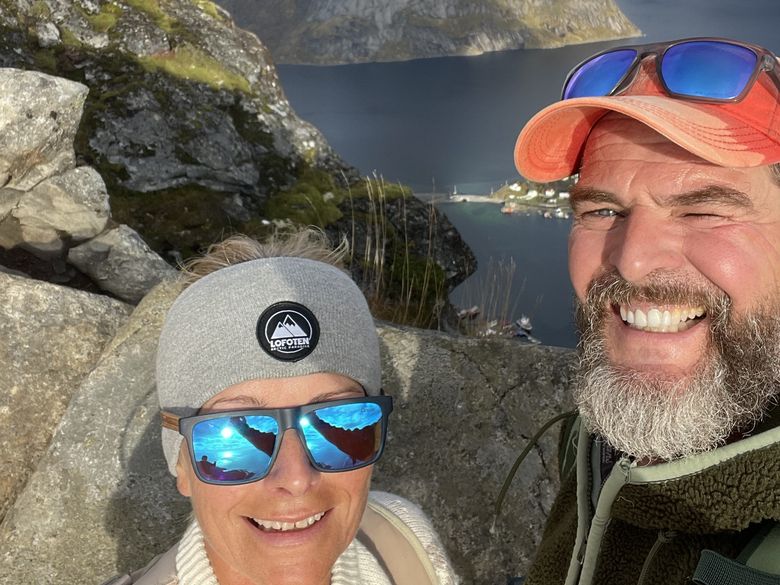 At the top of Reinebringen, the Reinefjord behind