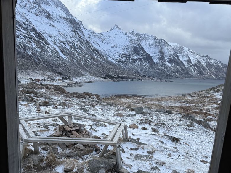 Winter from the gapahuk &mdash; benches, fire pit and Skjelfjorden