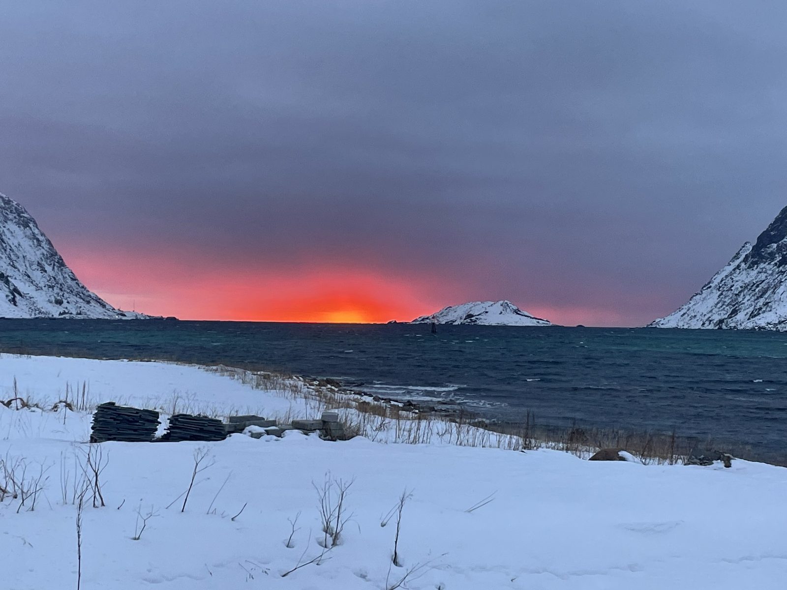Kunna island at the mouth of Skjelfjorden on 13 December at 12:11 — the blue midday light of the polar night (IMG_2373).