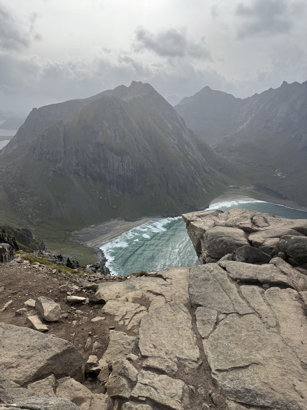 The view down to Kvalvika beach from Ryten.