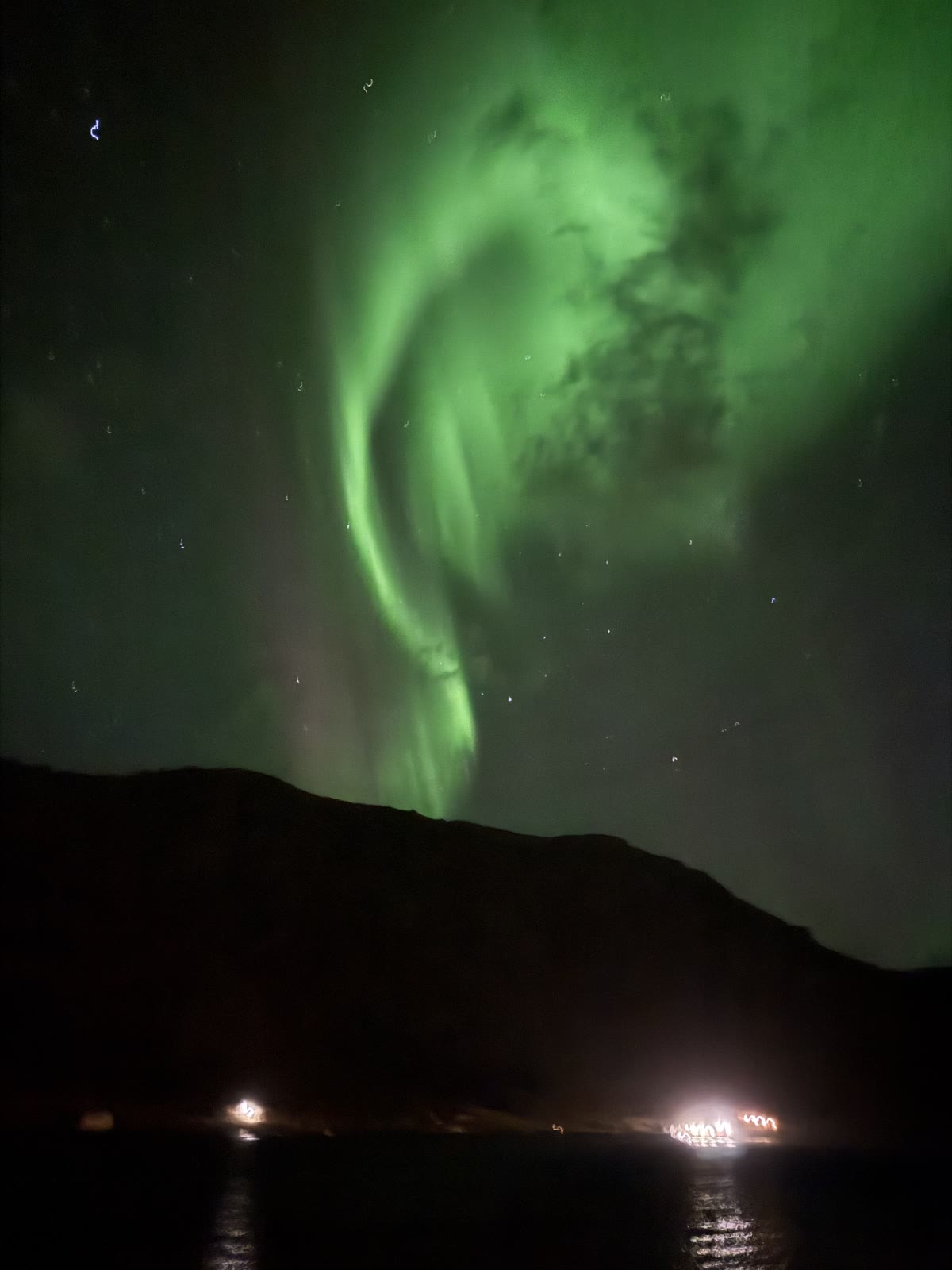 A curl of bright green aurora over the dark fjord.