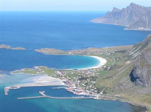Ramberg village and its beach from the air.