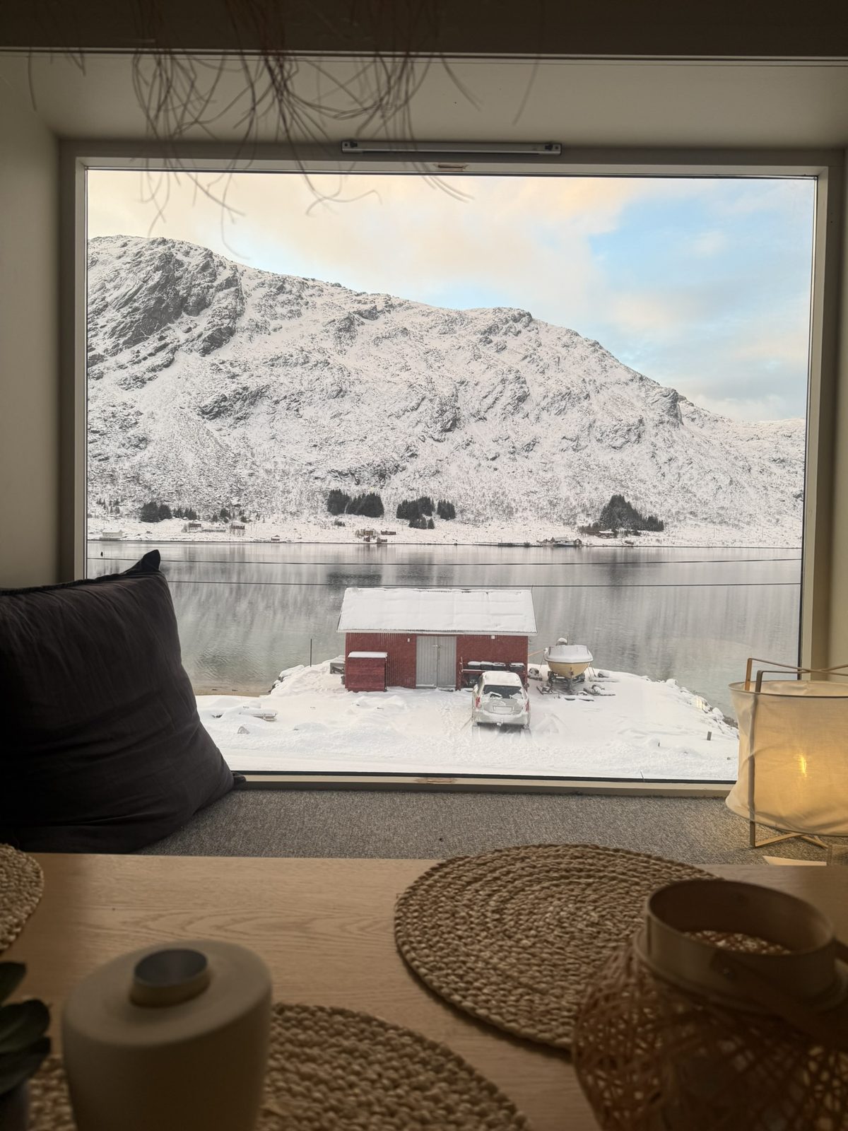 February snow through the dining-room window.