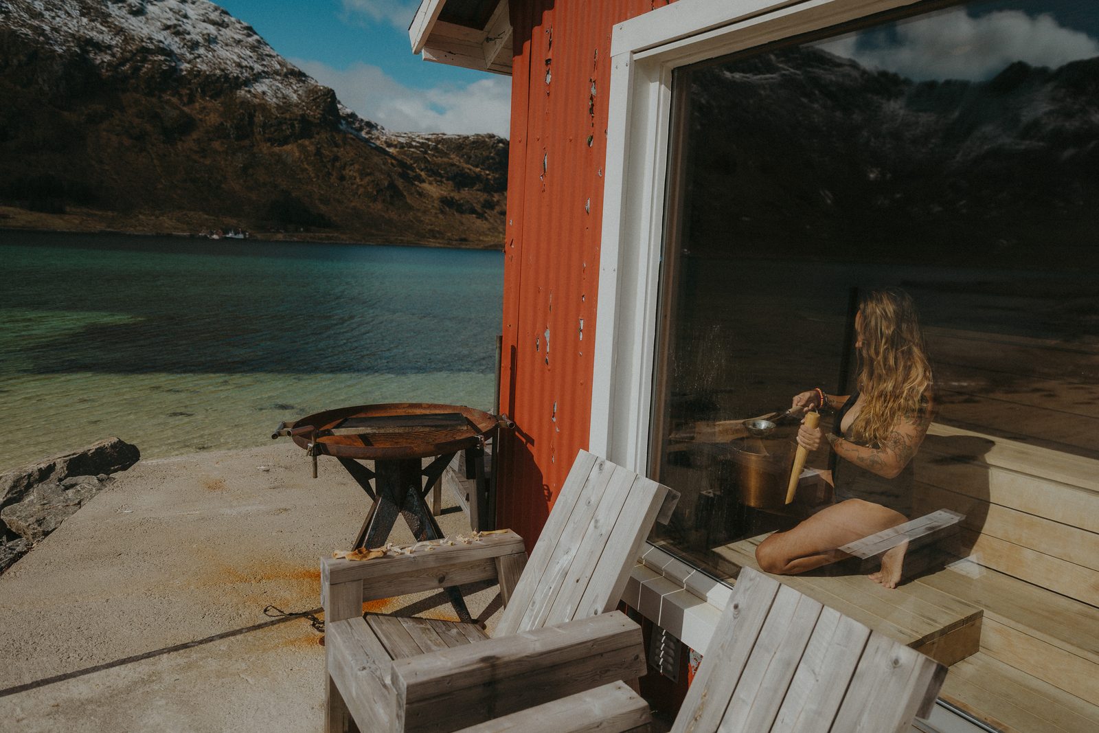 By the sauna window.