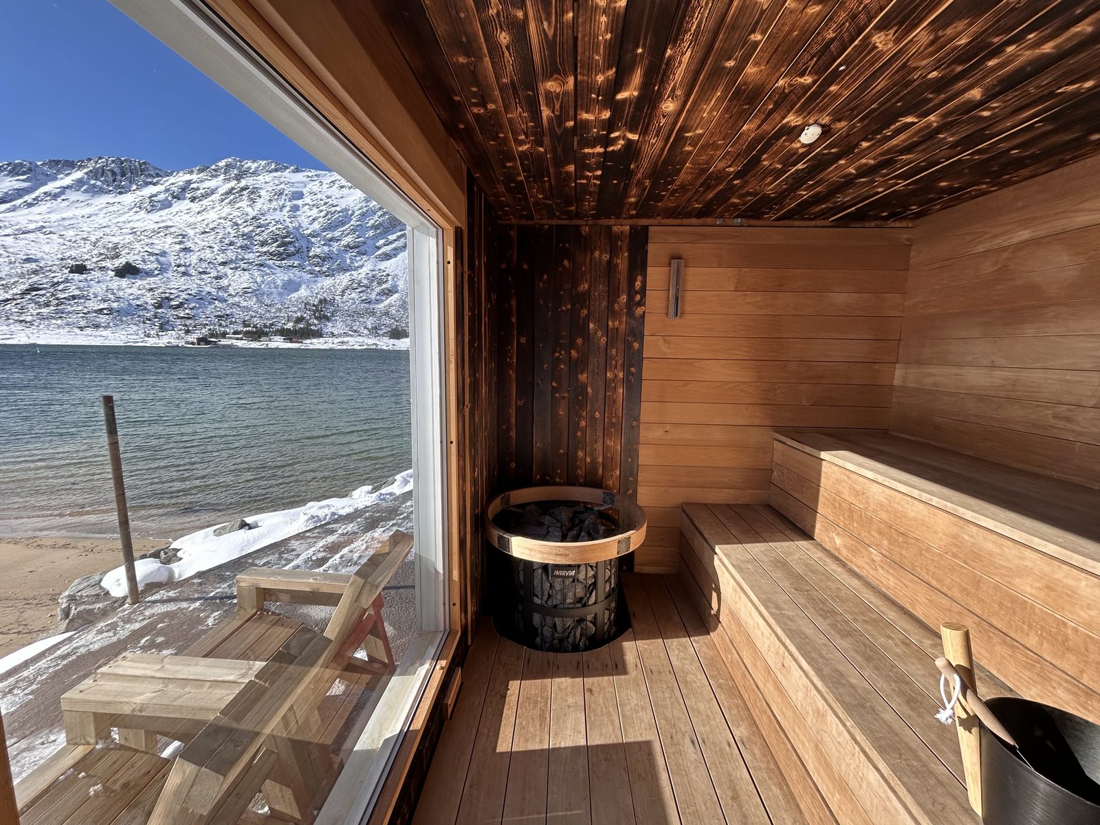 The beach and the sauna boathouse.