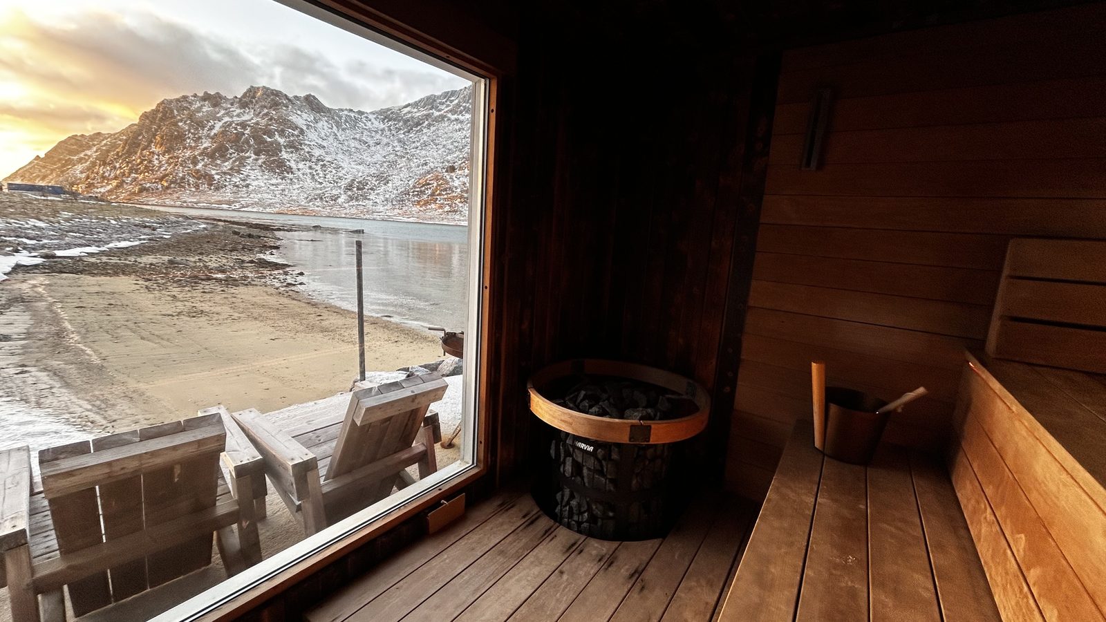 Golden winter light over the fjord, from the sauna.