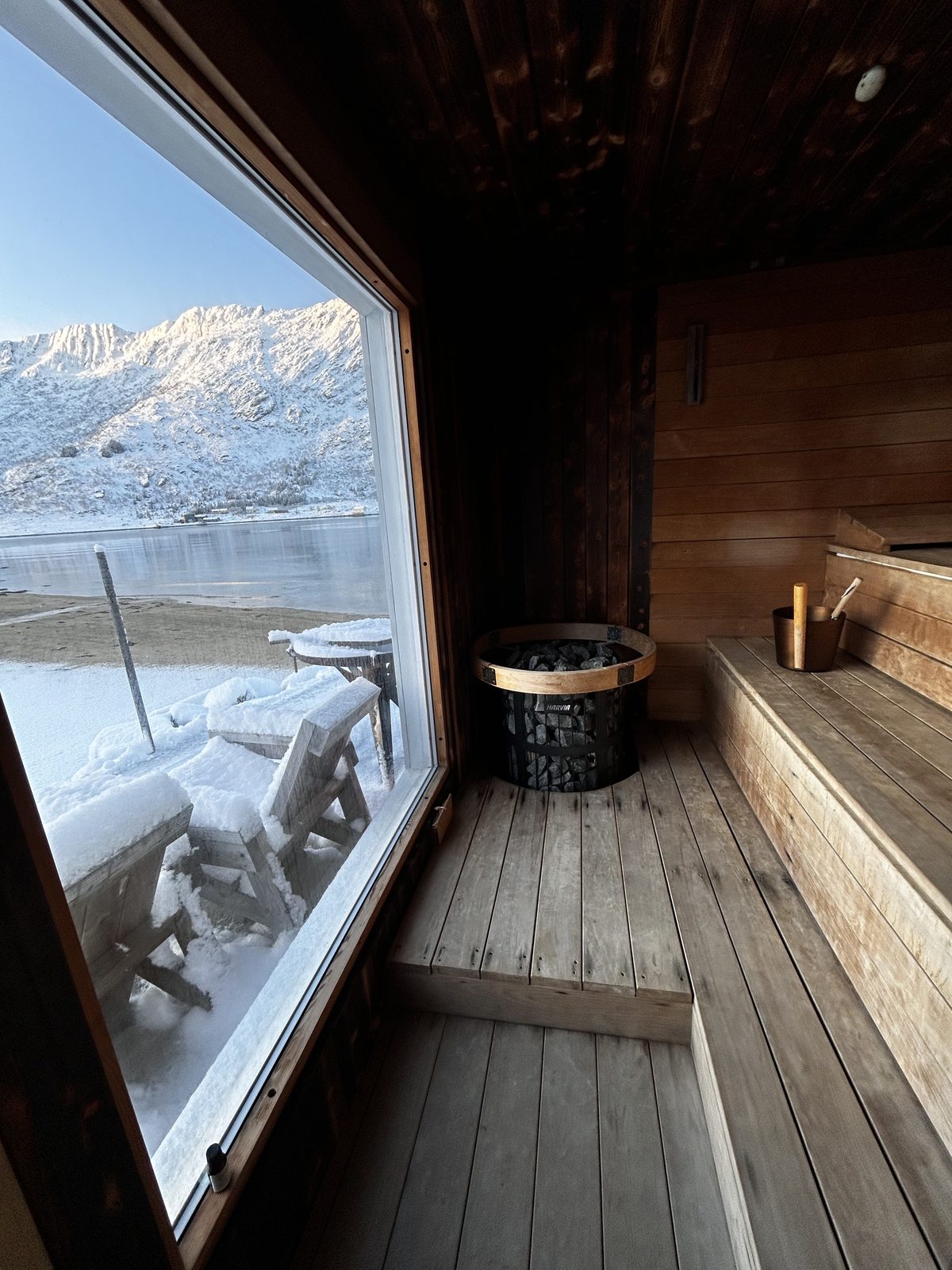 Snow outside the sauna window.